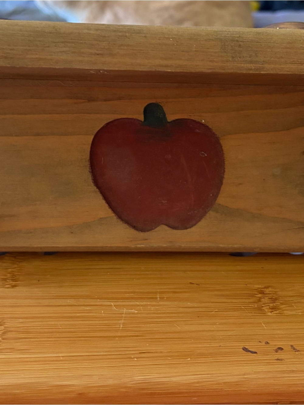 Handcrafted Wooden Shelf with Red Apple Inlay